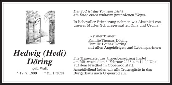 Traueranzeige von Hedwig Döring von Giessener Allgemeine, Alsfelder Allgemeine