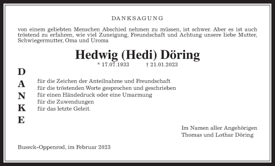 Traueranzeige von Hedwig Döring von Giessener Allgemeine, Alsfelder Allgemeine