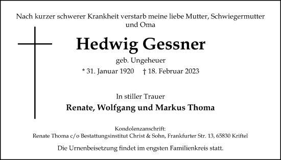Traueranzeige von Hedwig Gessner 
