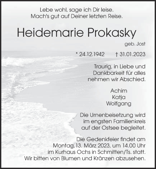 Traueranzeige von Heidemarie Prokasky von Usinger Anzeiger