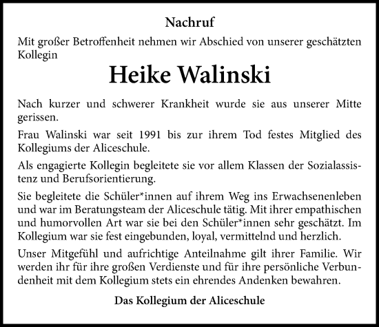 Traueranzeige von Heike Walinski von Giessener Allgemeine, Alsfelder Allgemeine