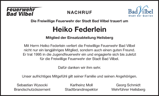 Traueranzeige von Heiko Federlein von Bad Vilbel/Karben