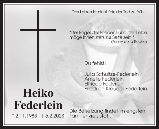 Traueranzeige von Heiko Federlein von Bad Vilbel/Karben