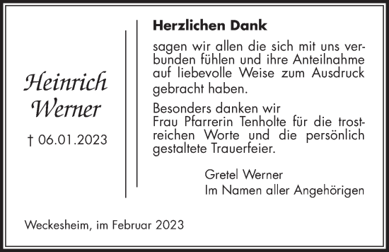 Traueranzeige von Heinrich Werner von Wetterauer Zeitung