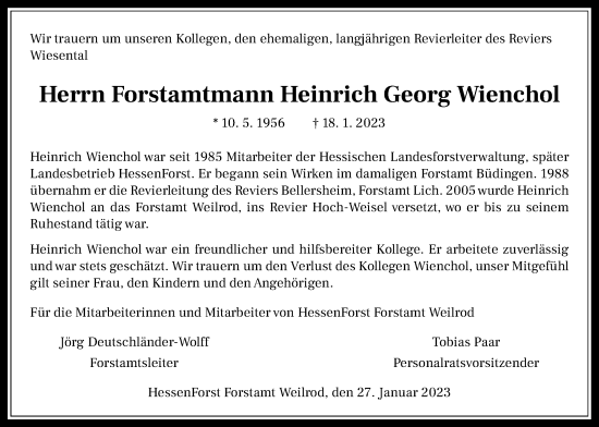 Traueranzeige von Heinrich Georg Wienchol von Usinger Anzeiger