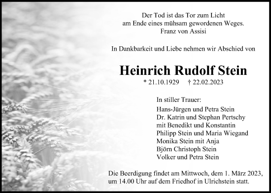 Traueranzeige von Heinrich Rudolf Stein von Alsfelder Allgemeine