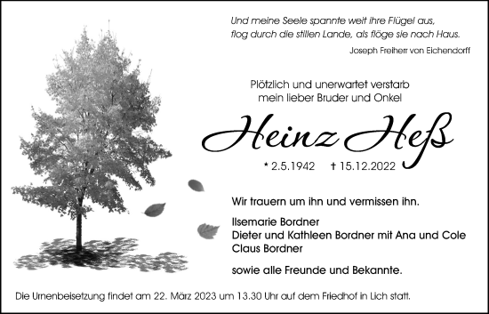 Traueranzeige von Heinz Heß von Licher Wochenblatt