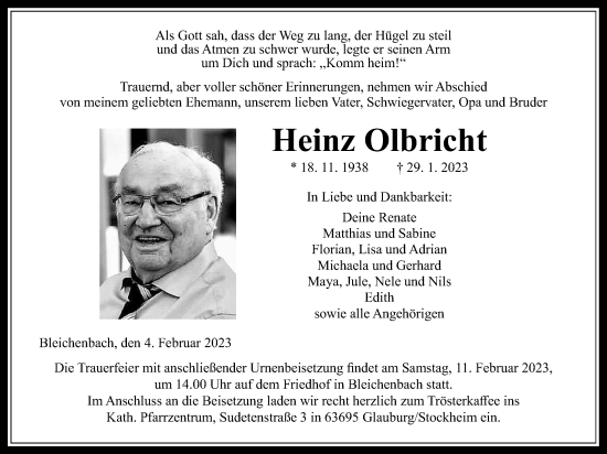 Traueranzeige von Heinz Olbricht von Kreis-Anzeiger
