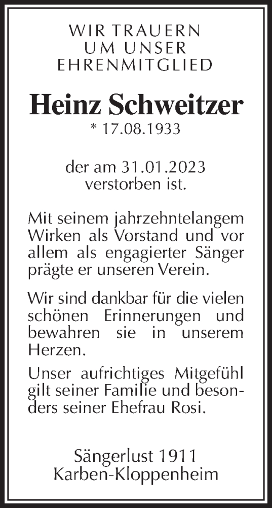 Traueranzeige von Heinz Schweitzer von Wetterauer Zeitung