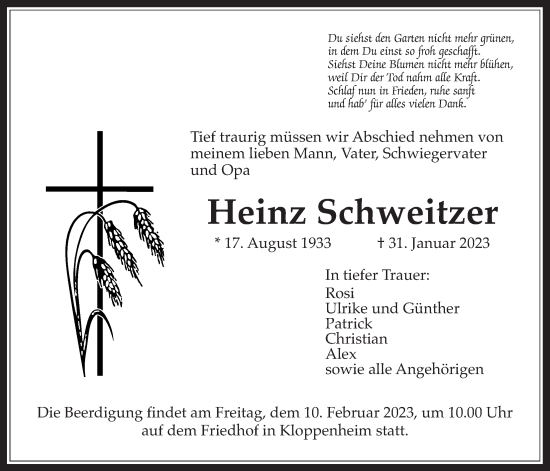 Traueranzeige von Heinz Schweitzer von Bad Vilbel/Karben