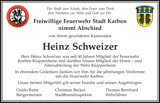 Traueranzeige von Heinz Schweizer von Bad Vilbel/Karben