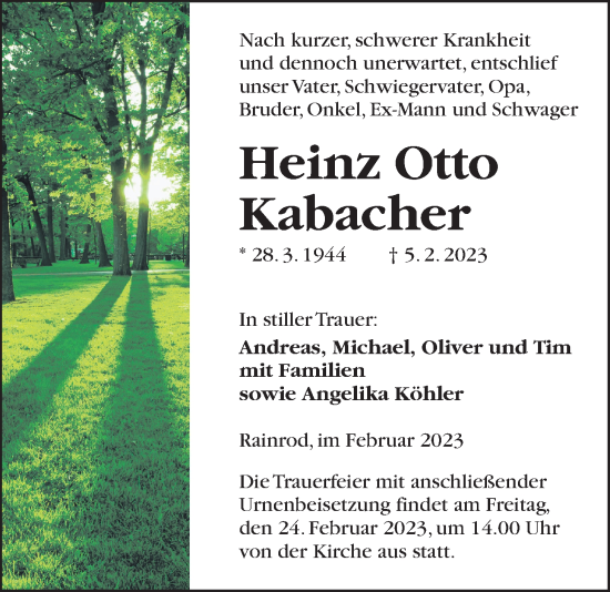 Traueranzeige von Heinz Otto Kabacher von Kreis-Anzeiger