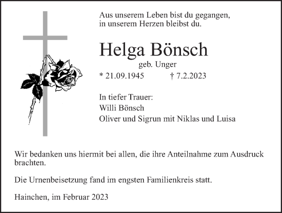 Traueranzeige von Helga Bönsch von Kreis-Anzeiger