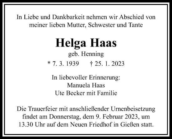 Traueranzeige von Helga Haas von Giessener Allgemeine, Alsfelder Allgemeine