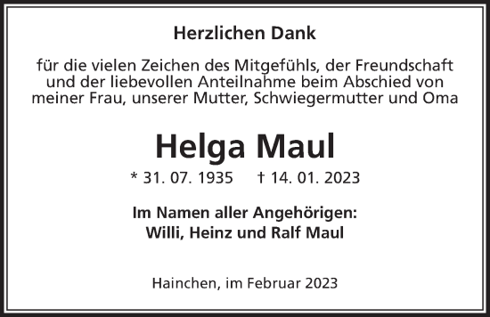 Traueranzeige von Helga Maul von Kreis-Anzeiger