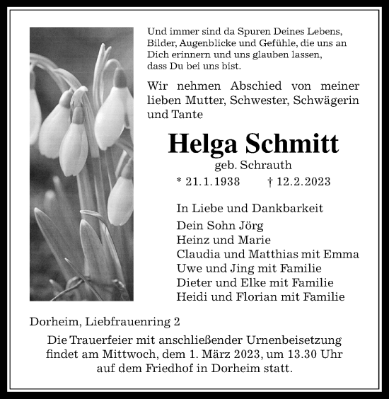 Traueranzeige von Helga Schmitt von Wetterauer Zeitung