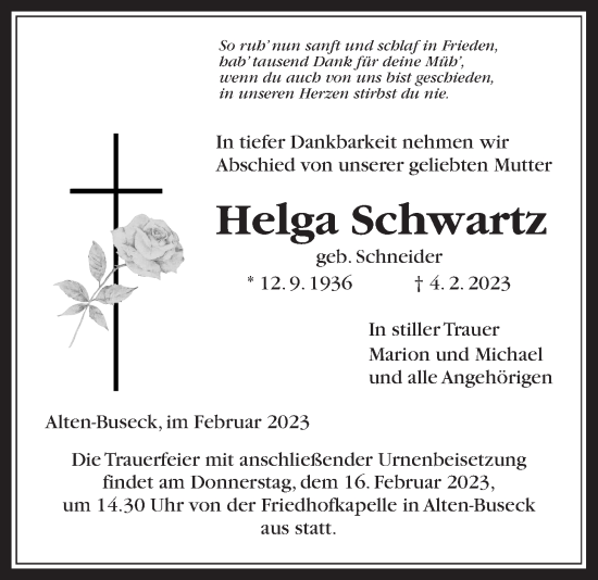 Traueranzeige von Helga Schwartz von Giessener Allgemeine, Alsfelder Allgemeine, Giessener Anzeiger