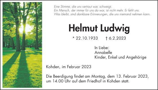 Traueranzeige von Helmut Ludwig von Kreis-Anzeiger