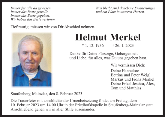 Traueranzeige von Helmut Merkel von Giessener Anzeiger, Giessener Allgemeine, Alsfelder Allgemeine