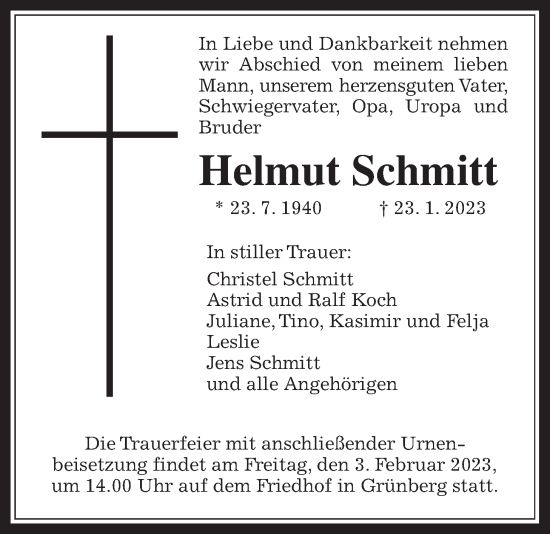 Traueranzeige von Helmut Schmitt von Giessener Allgemeine, Alsfelder Allgemeine