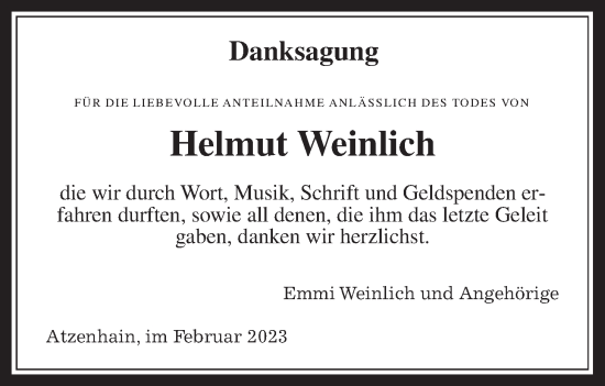 Traueranzeige von Helmut Weinlich von Alsfelder Allgemeine