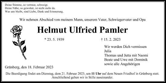 Traueranzeige von Helmut Ulfried Pamler von Giessener Allgemeine, Alsfelder Allgemeine, Giessener Allgemeine, Alsfelder Allgemeine
