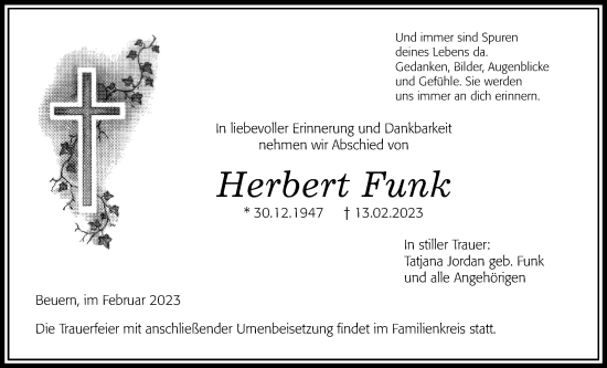 Traueranzeige von Herbert Funk von Giessener Allgemeine, Alsfelder Allgemeine, Giessener Anzeiger, Giessener Allgemeine, Alsfelder Allgemeine, Giessener Anzeiger