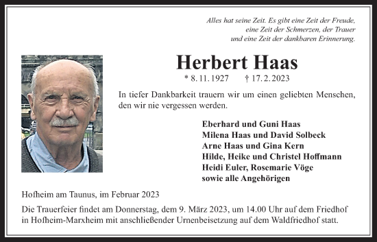 Traueranzeige von Herbert Haas 