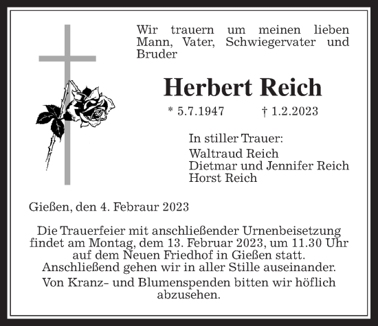 Traueranzeige von Herbert Reich von Giessener Anzeiger, Giessener Allgemeine, Alsfelder Allgemeine