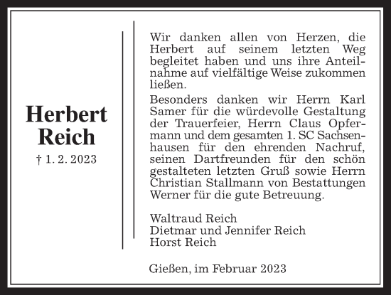 Traueranzeige von Herbert Reich von Giessener Allgemeine, Alsfelder Allgemeine, Giessener Anzeiger, Giessener Allgemeine, Alsfelder Allgemeine, Giessener Anzeiger