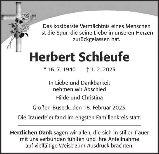 Traueranzeige von Herbert Schleufe von Giessener Allgemeine, Alsfelder Allgemeine, Giessener Allgemeine, Alsfelder Allgemeine