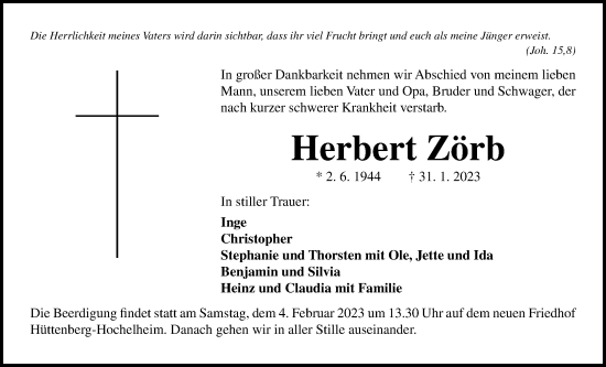 Traueranzeige von Herbert Zörb von Giessener Anzeiger