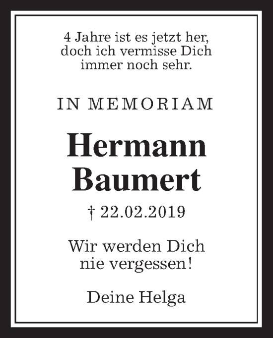 Traueranzeige von Hermann Baumert von Giessener Allgemeine, Alsfelder Allgemeine, Giessener Anzeiger