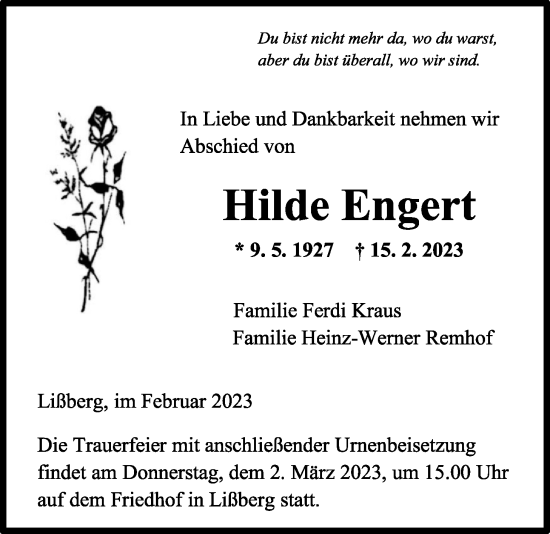 Traueranzeige von Hilde Engert von Kreis-Anzeiger
