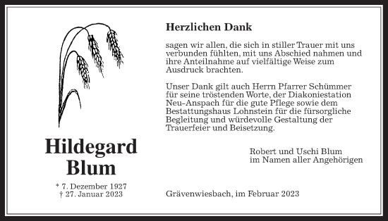 Traueranzeige von Hildegard Blum von Usinger Anzeiger