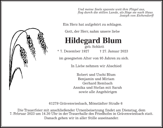 Traueranzeige von Hildegard Blum von Usinger Anzeiger