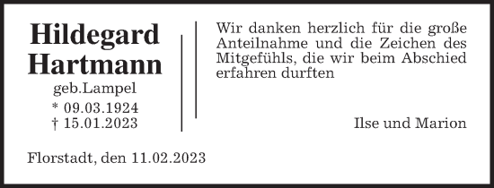 Traueranzeige von Hildegard Hartmann von Wetterauer Zeitung