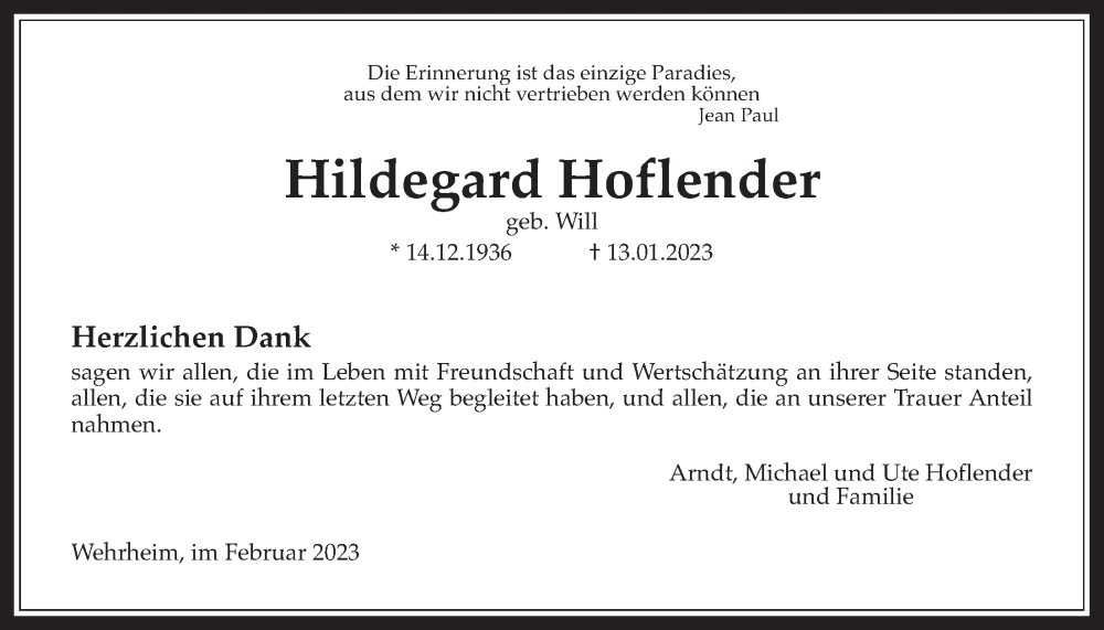  Traueranzeige für Hildegard Hoflender vom 13.02.2023 aus Usinger Anzeiger