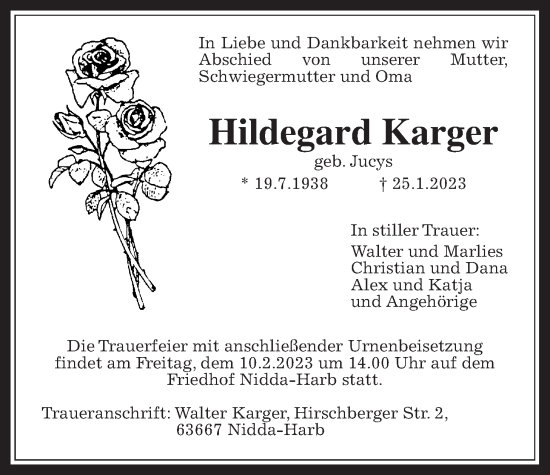 Traueranzeige von Hildegard Karger von Kreis-Anzeiger