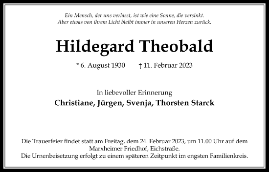 Traueranzeige von Hildegard Theobald 