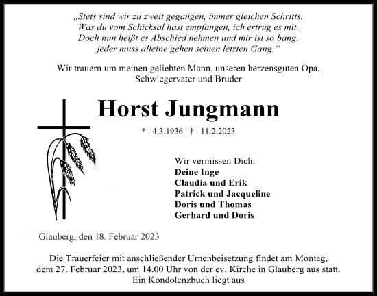 Traueranzeige von Horst Jungmann von Kreis-Anzeiger