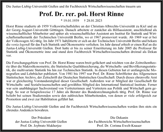 Traueranzeige von Horst Rinne von Giessener Allgemeine, Alsfelder Allgemeine, Giessener Anzeiger