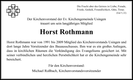 Traueranzeige von Horst Rothmann von Usinger Anzeiger