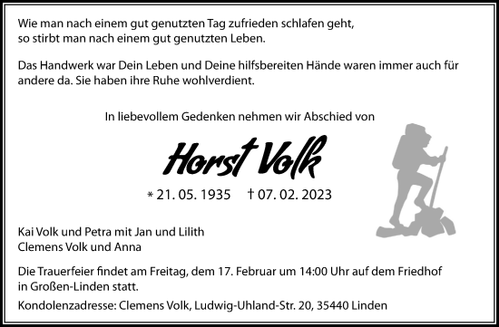 Traueranzeige von Horst Volk von Giessener Allgemeine, Alsfelder Allgemeine, Giessener Anzeiger