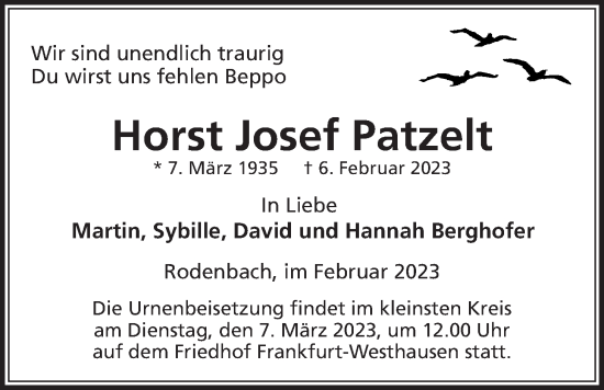 Traueranzeige von Horst Josef Patzelt von Kreis-Anzeiger