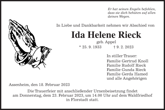 Traueranzeige von Ida Helene Rieck von Wetterauer Zeitung, Wetterauer Zeitung