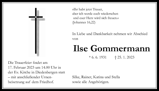 Traueranzeige von Ilse Gommermann 