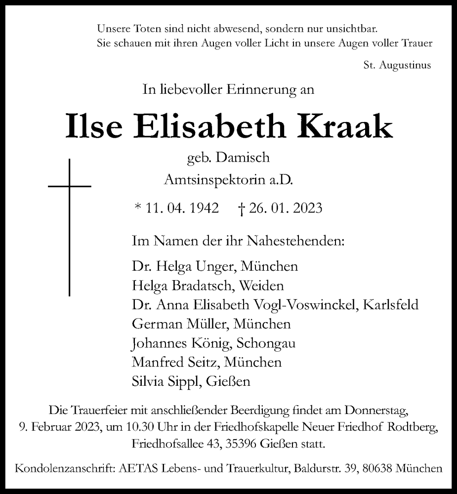  Traueranzeige für Ilse Elisabeth Kraak vom 04.02.2023 aus Giessener Anzeiger, Giessener Allgemeine, Alsfelder Allgemeine