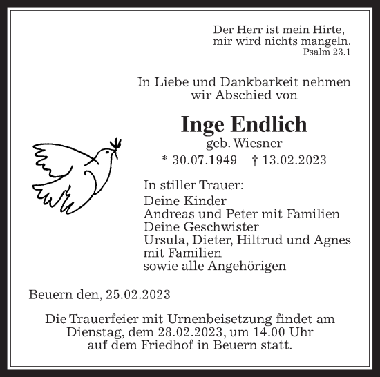Traueranzeige von Inge Endlich von Giessener Allgemeine, Alsfelder Allgemeine, Giessener Anzeiger