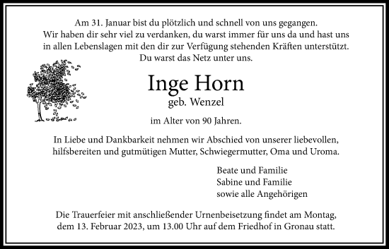 Traueranzeige von Inge Horn von Bad Vilbel/Karben
